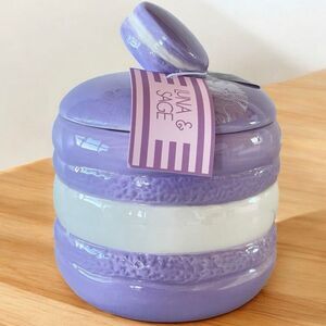 NWT LUNA & SAGE Gorgeous Macaron Lilac/White Glossy Ceramic 7”Canister Jar w Lid
